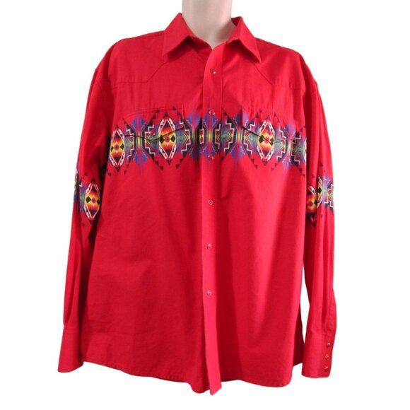 Wrangler Mens Western Red Pearl Snap Retro Southwest Cowboy Rodeo Shirt GUC XL - Picture 1 of 16